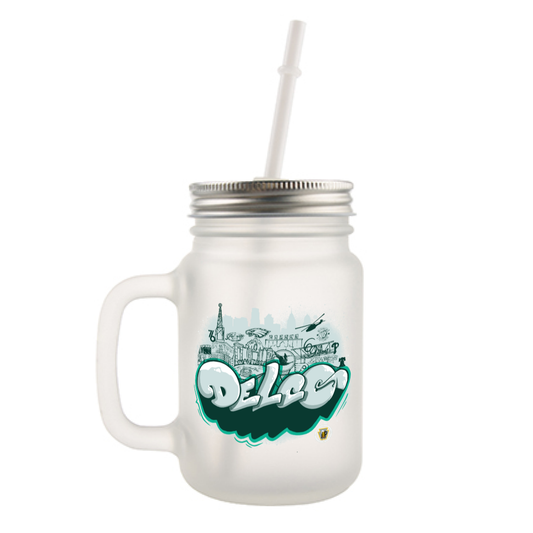 Delco Favorite Places Frosted glass mason jar with handle