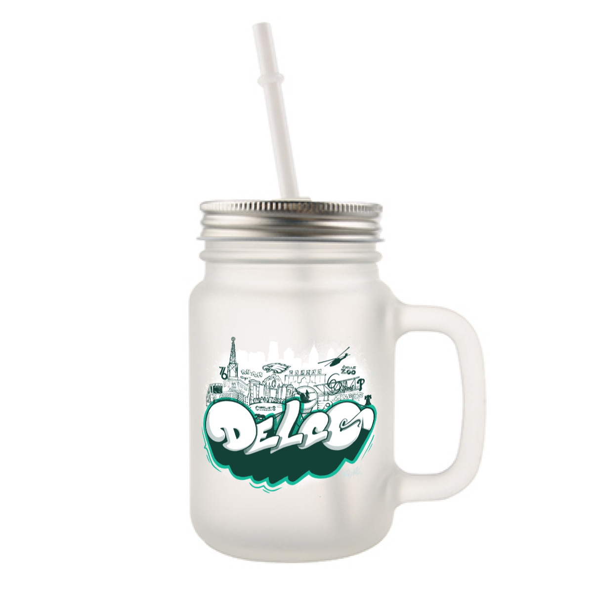 Delco Favorite Places Frosted glass mason jar with handle